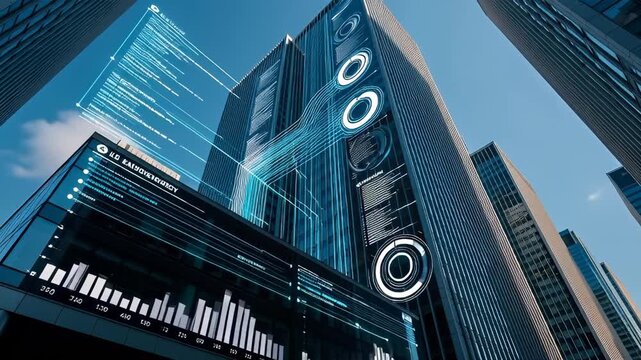 Futuristic smart city skyscrapers with digital financial data charts and network lines flowing in a blue motion graphics animation, illustrating fintech concepts.