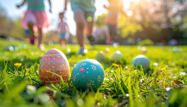 Easter egg hunt celebration, close up of colorful patterned eggs on green grass with blurred children running in sunny spring garden