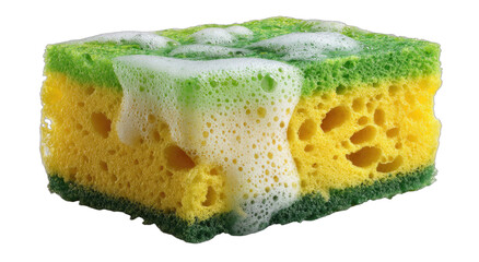 A layered cleaning sponge with yellow porous core and green outer scrubbing surface, bubbly foam