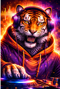 Fantastyczna, kolorowa ilustracja tygrysa DJ w bluzie z kapturem i słuchawkach. Neonowe światła i fale dźwięku tworzą dynamiczną, klubową scenę w stylu cyber i synthwave.