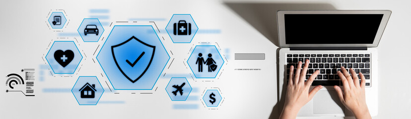 Fototapeta premium Security and insurance concept showing protection coverage for health, travel, home, car, life, and financial safety, emphasizing trust and policy assurance Latch