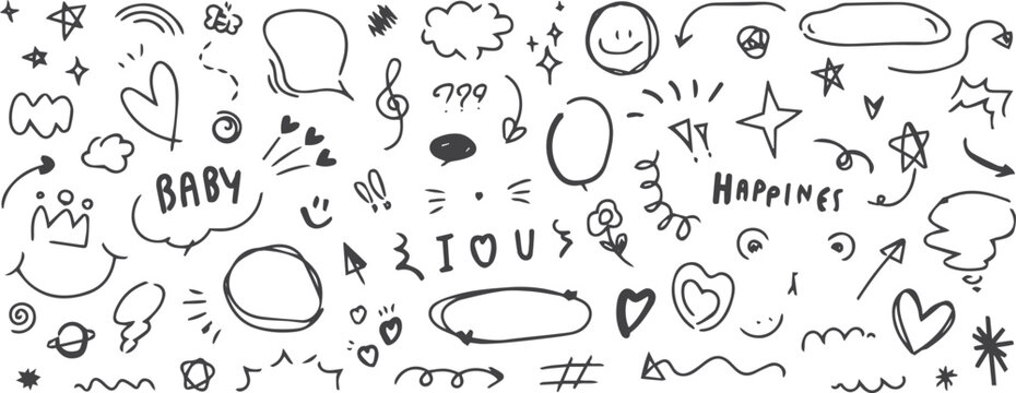 Set of cute pen line doodle element vector. Hand drawn doodle style collection of heart, speech bubble, word, cloud, arrow, star. Design for decoration, sticker, idol poster.