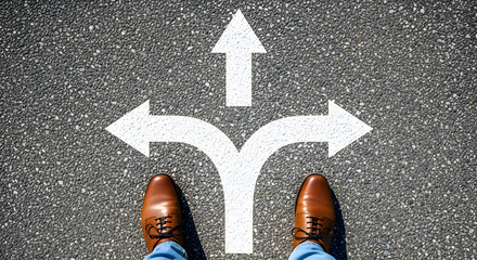 Fototapeta premium Person standing at crossroads with three white arrows on asphalt road
