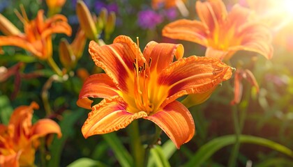 Fototapeta premium Vibrant Orange Daylilies Blooming in a Lush Garden.