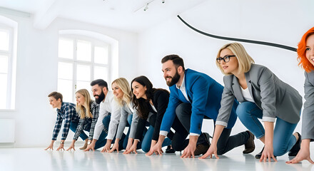 Fototapeta premium Diverse group of business professionals crouching at starting line ready to sprint forward in a bright office setting