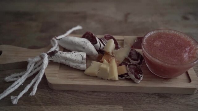 Wooden Platter of Antipasti with Craft Cheese and Fuet