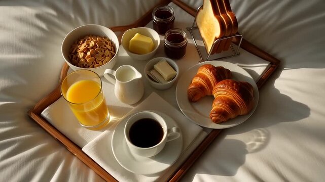 Delicious continental breakfast tray on a white bed featuring hot coffee, croissants, and orange juice under bright morning sunlight, perfect for luxury hotel hospitality concepts.