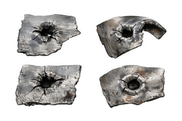Naklejka premium Metal fragments showing ballistic impact damage, bullet holes, and rough edges from weapon fire
