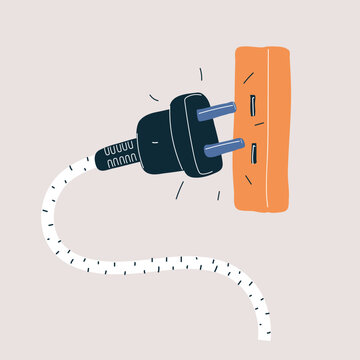 Cartoon vector illustration of hand inserting or unplugging a plug into electrical socket, electricity, power and energy concept