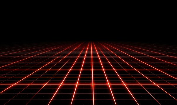 Glowing red grid receding into a black void, evoking a digital space