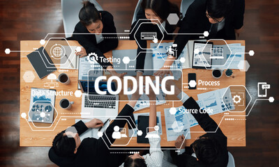 A diverse team engages in a collaborative meeting focused on coding and testing data structures, leveraging modern technology for productivity and innovation. Amity
