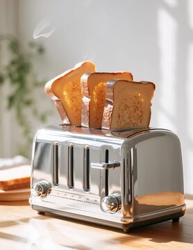 Close up zoom on a metallic silver toaster. The video ends as hot toasted bread pops up, steaming and fresh. Ideal for breakfast ads, kitchen appliance marketing, food commercials, lifestyle content
