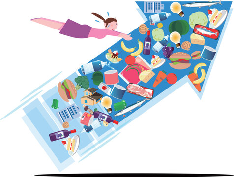 Illustration of a woman desperately reaching out to keep up with the rising prices and an arrow pointing upward