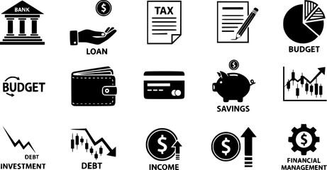 Personal finance icon set. featuring bank, loan, tax, budget, wallet, credit card, savings, investment, debt, income, financial management and more. perfect for Vector icon collection.