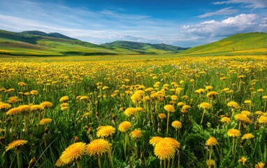 Vast rolling green hills under a bright blue sky dotted with fluffy clouds