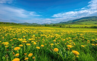 Vast meadow of yellow wildflowers under a vibrant blue sky