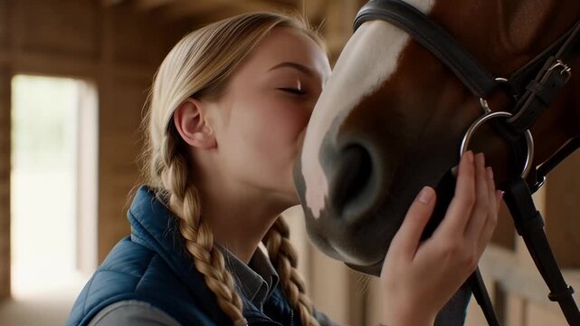 Young woman affectionately kissing a brown horse inside a rustic stable, showcasing the deep bond and tender care in an equestrian lifestyle.