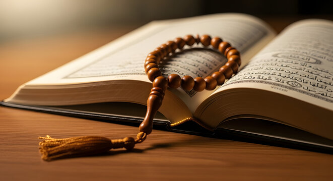 Holy quran book opened on wooden table with prayer beads resting on pages under warm soft light for religious study and spiritual reflection during ramadan islamic education and worship background