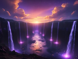 Surreal Purple Waterfalls Cascade into a Glowing Abyss under a Dramatic Sunset sky