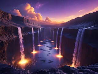 Surreal Purple Waterfalls Cascade into a Glowing Abyss under a Dramatic Sunset sky