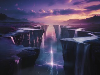 Surreal Purple Waterfalls Cascade into a Glowing Abyss under a Dramatic Sunset sky