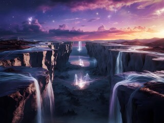 Surreal Purple Waterfalls Cascade into a Glowing Abyss under a Dramatic Sunset sky