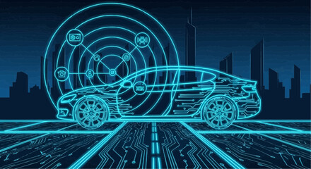 Fototapeta premium Futuristic electric car with hud technology on city road at night