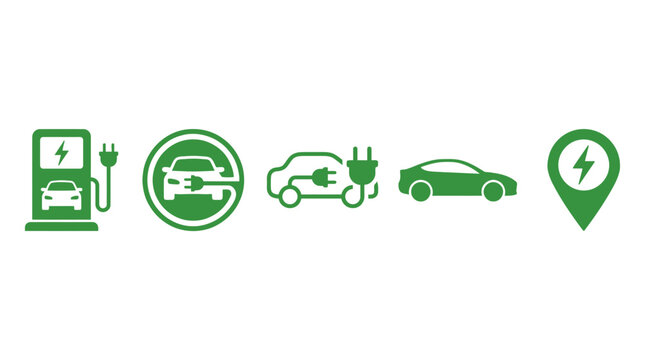 Vector electric vehicle icons set featuring EV charging stations, plug-in cars, and location pins for sustainable transport, green mobility, apps, UI, and eco design.
