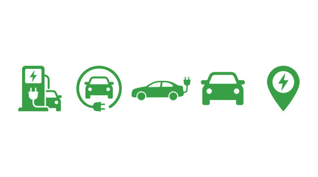 Vector electric vehicle icons set featuring EV charging stations, plug-in cars, and location pins for sustainable transport, green mobility, apps, UI, and eco design.