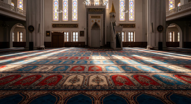 Interior of spacious mosque with ornate prayer carpets and natural light streaming through stained glass windows illuminating columns and mihrab