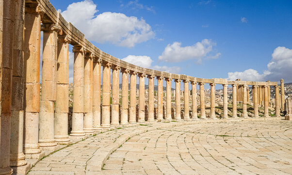 Ancient ruins of the Oval Plaza at Jerash in Jordan