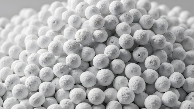 Heap of white porous activated alumina desiccant beads