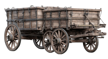 Fototapeta premium Antique wooden wagon with four large spoked wheels and iron hardware, isolated