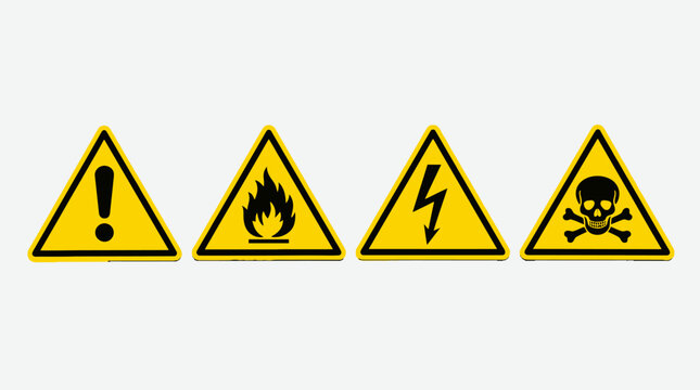 Vector hazard warning signs set featuring toxic, fire, electric shock, and general caution symbols for safety posters, workplace alerts, and industrial signage design.