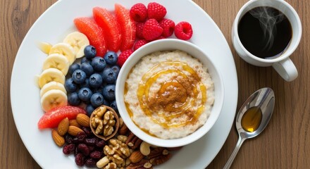 Wholesome breakfast featuring oatmeal with honey, fresh fruit, mixed nuts, and a cup of hot coffee displayed on a wooden surface.