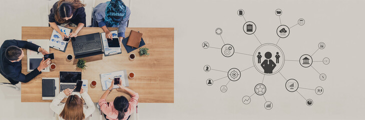 A concept of centralized business management and corporate strategy. A leadership team connecting to all functions like finance, operations, and planning. Motif