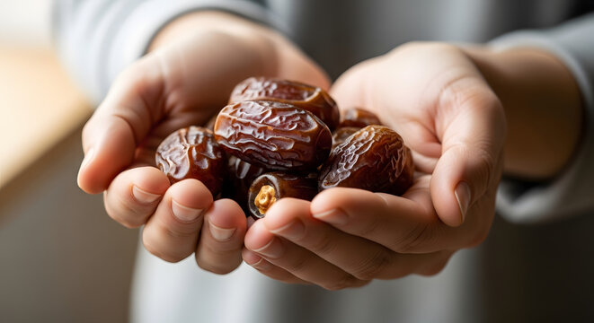 Hands holding handful of ripe brown dates fruit close up showing texture and detail for fasting tradition healthy snacking organic food and religious customs during ramadan and festive gatherings