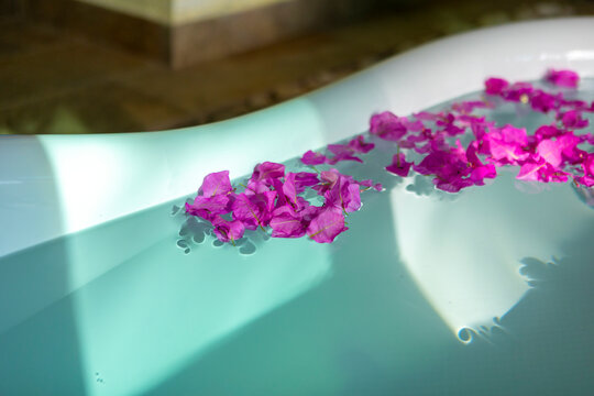 Luxurious bath with floating purple petals for relaxation