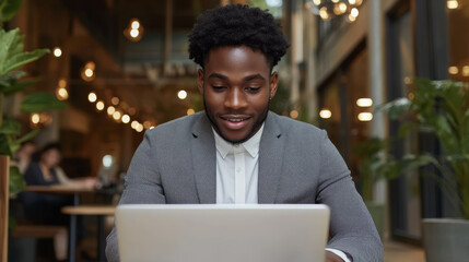 Fototapeta premium Young Black man in a suit working on a laptop in a modern cafe with bokeh lights