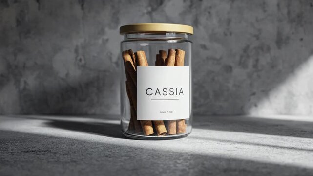 Jar with cassia cinnamon sticks.