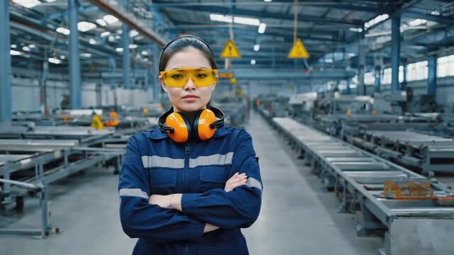 Female worker wearing protective helmets to avoid noise in the factory.