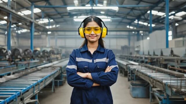 Female worker wearing protective helmets to avoid noise in the factory.