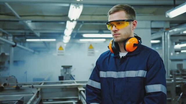 Worker wearing protective helmets to avoid noise in the factory.
