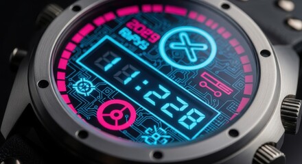 Close up view of a futuristic digital timepiece displaying glowing neon metrics
