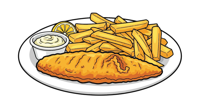 Crispy Golden Fish and Chips with Lemon and Tartar Sauce Illustration