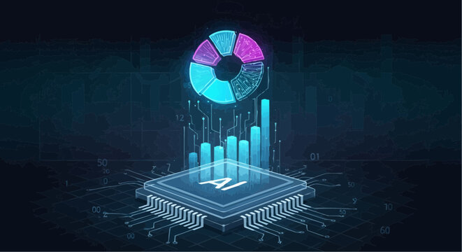 Ai chip with pie chart and bar graph on circuit board background