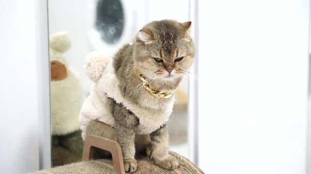 Stylish fluffy cat in cozy outfit with gold chain sits gracefully on scratching post, reflecting playful demeanor in modern setting, adding humor to its serious expression