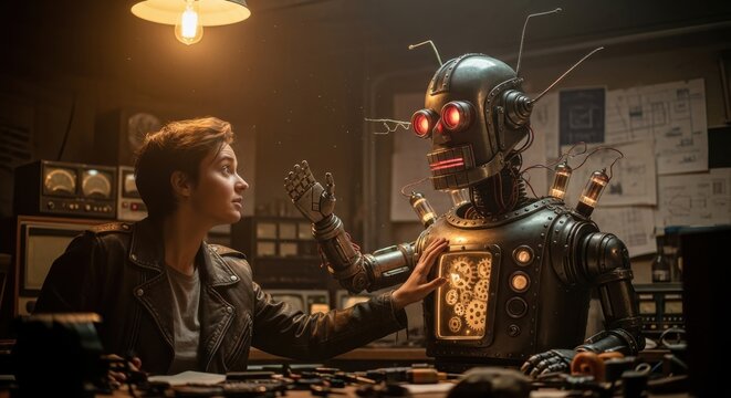 Young engineer interacts with a complex retro-futuristic automaton in a dimly lit workshop environment