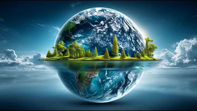 planet earth in water with clouds, plants and trees
