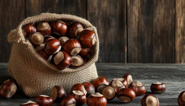 Fresh chestnuts spilling from burlap canvas sack, glossy dark brown chestnuts with beige circular marks, rough natural burlap fabric